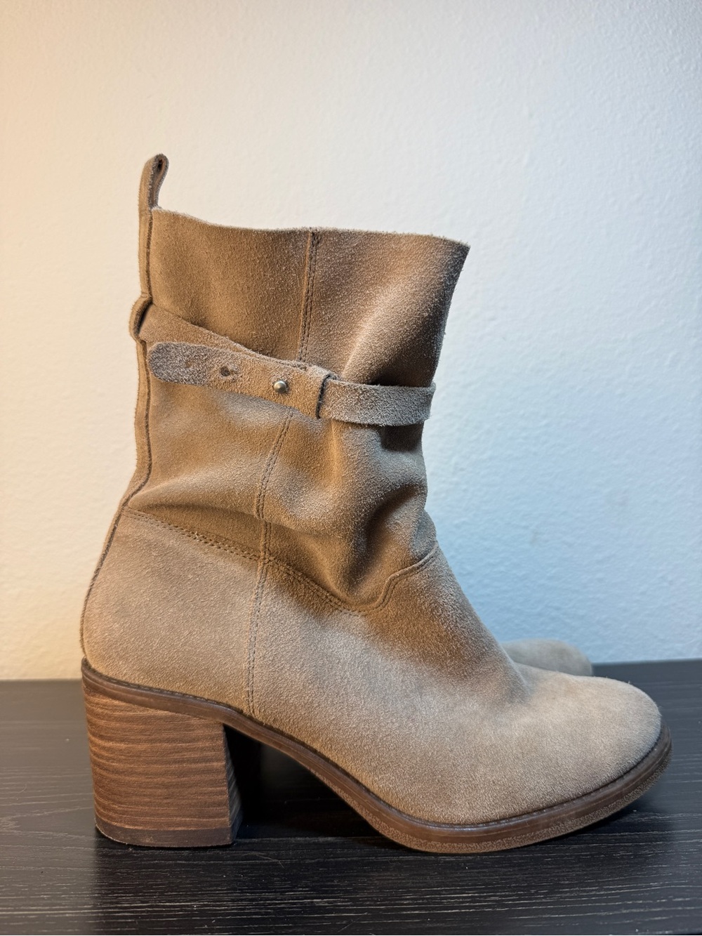 ⁠Lucky Brand Ramsey Suede Ankle Boots Women 10 M Gray Slouch Strap Block Heel